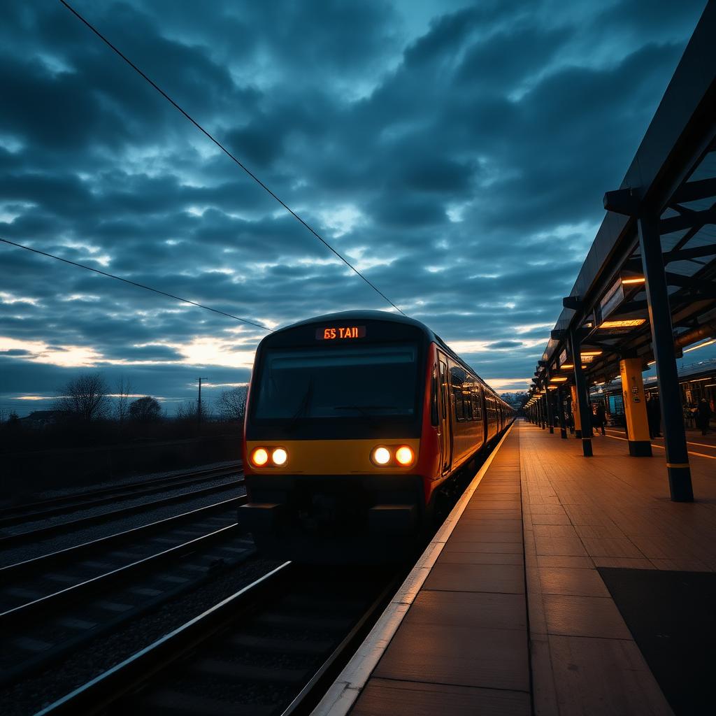 Passenger train at a UK station at dusk
